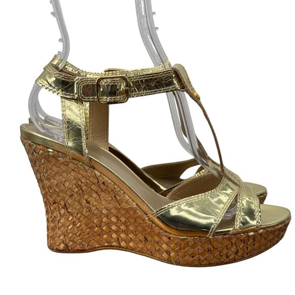 Stuart Weitzman Juty Woven Gold Metallic Wedge Sandal Women 6.5 Resort Luxe Glam - Picture 3 of 9